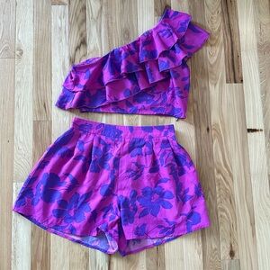 Floral print one shoulder ruffle top and short set